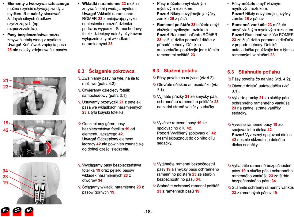 Samochodowy fotelik dziecięcy należy użytkować wyłącznie z tymi wkładkami naramiennymi 23. Pásy můžete omýt vlažným mýdlovým roztokem. Pozor! Nikdy nevyjímejte jazýčky zámku 25 z pásů.