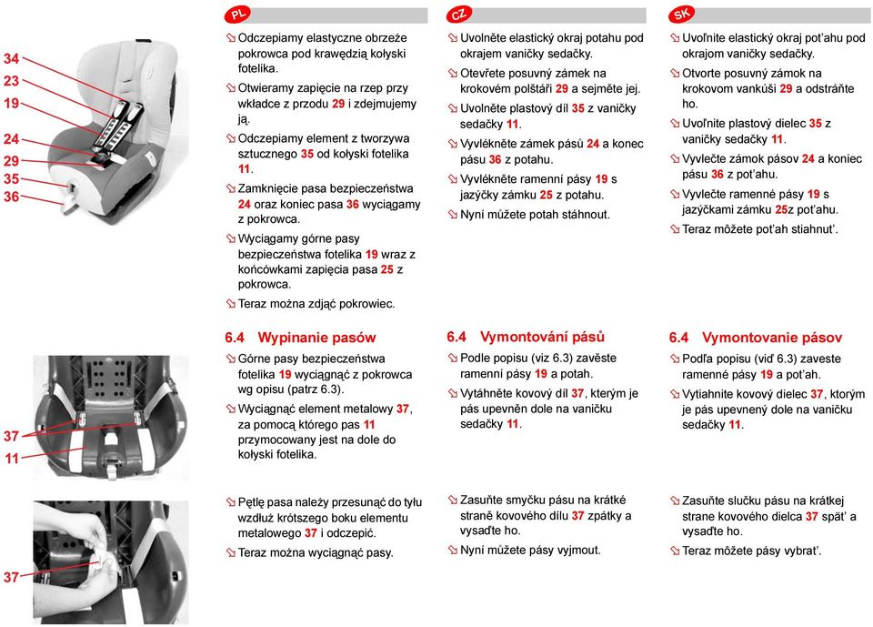 Wyciągamy górne pasy bezpieczeństwa fotelika 19 wraz z końcówkami zapięcia pasa 25 z pokrowca. Teraz można zdjąć pokrowiec. 6.