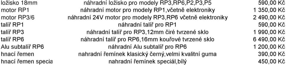 RP3,12mm čiré tvrzené sklo 1 990,00 Kč talíř RP6 náhradní talíř pro RP6,16mm kouřové tvrzené sklo 6 490,00 Kč Alu subtalíř RP6 náhradní Alu subtalíř