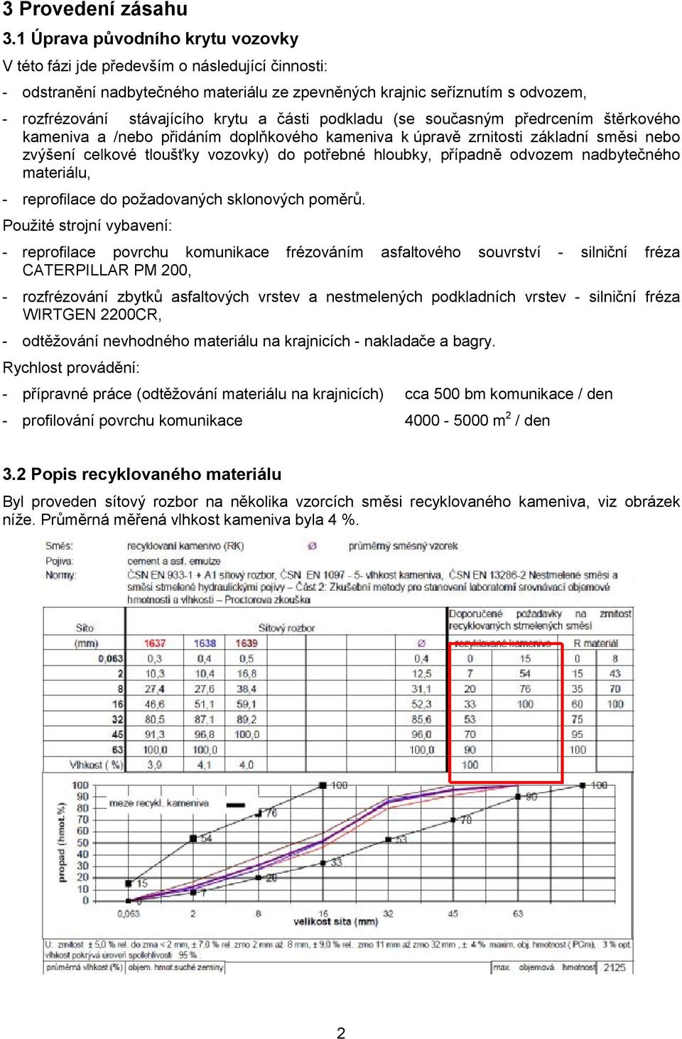 části podkladu (se současným předrcením štěrkového kameniva a /nebo přidáním doplňkového kameniva k úpravě zrnitosti základní směsi nebo zvýšení celkové tloušťky vozovky) do potřebné hloubky,