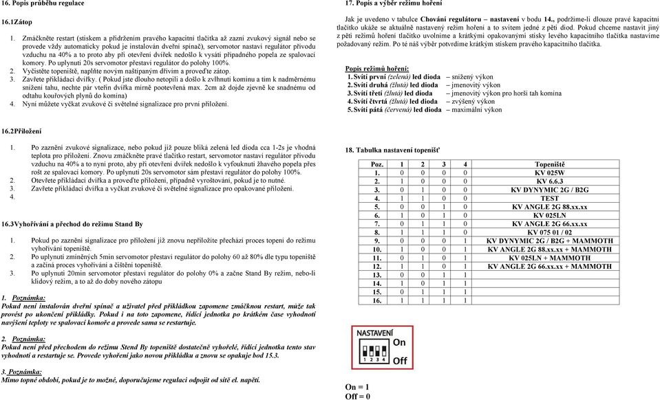 vzduchu na 40% a to proto aby při otevření dvířek nedošlo k vysátí případného popela ze spalovací komory. Po uplynutí 20s servomotor přestaví regulátor do polohy 100%. 2. Vyčistěte topeniště, naplňte novým naštípaným dřívím a proveďte zátop.