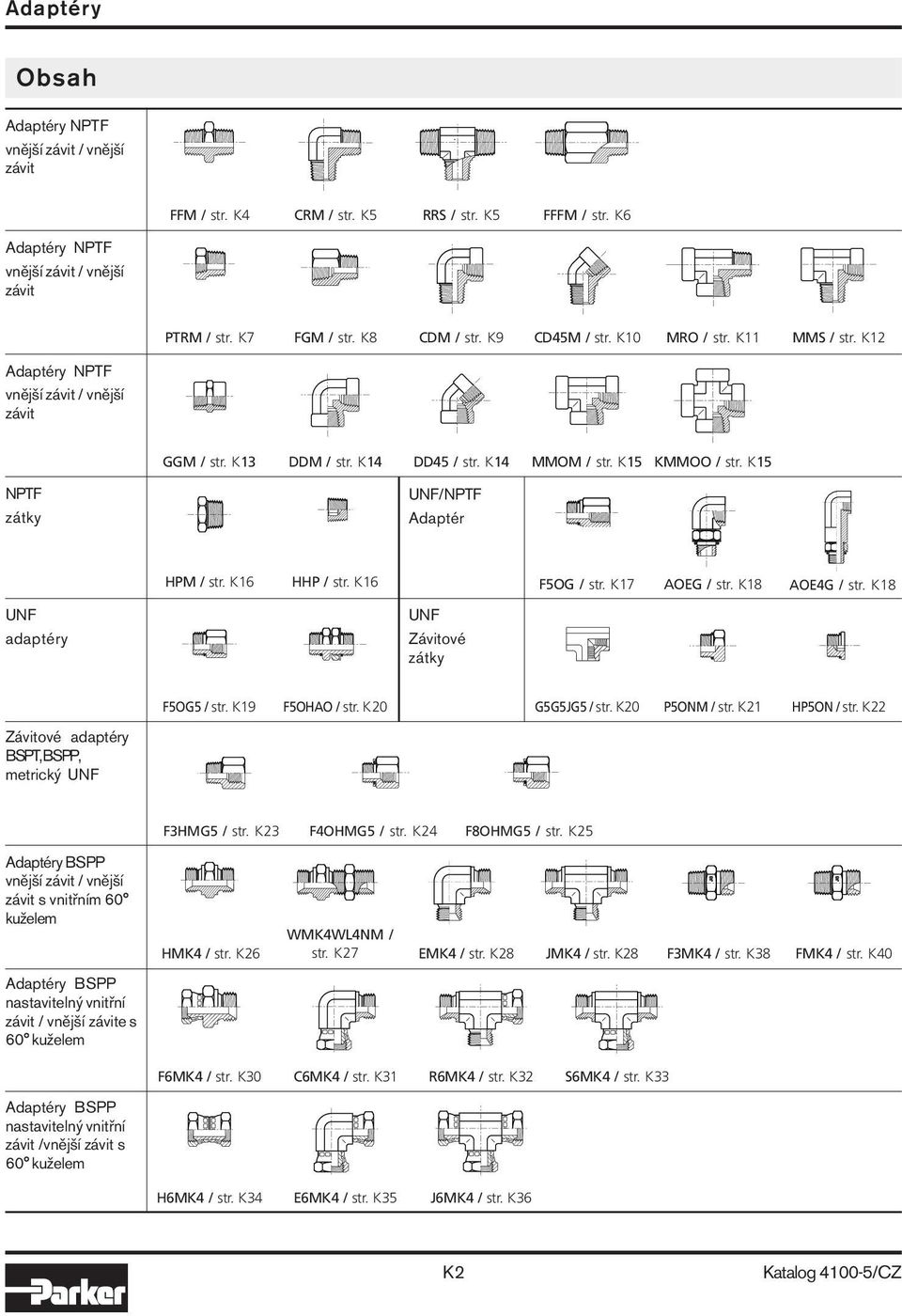 K15 NPTF zátky UNF/NPTF Adaptér HPM / str. K16 HHP / str. K16 F5OG / str. K17 AOEG / str. K18 AOE4G / str. K18 UNF adaptéry UNF Závitové zátky F5OG5 / str. K19 F5OHAO / str. K20 G5G5JG5 / str.