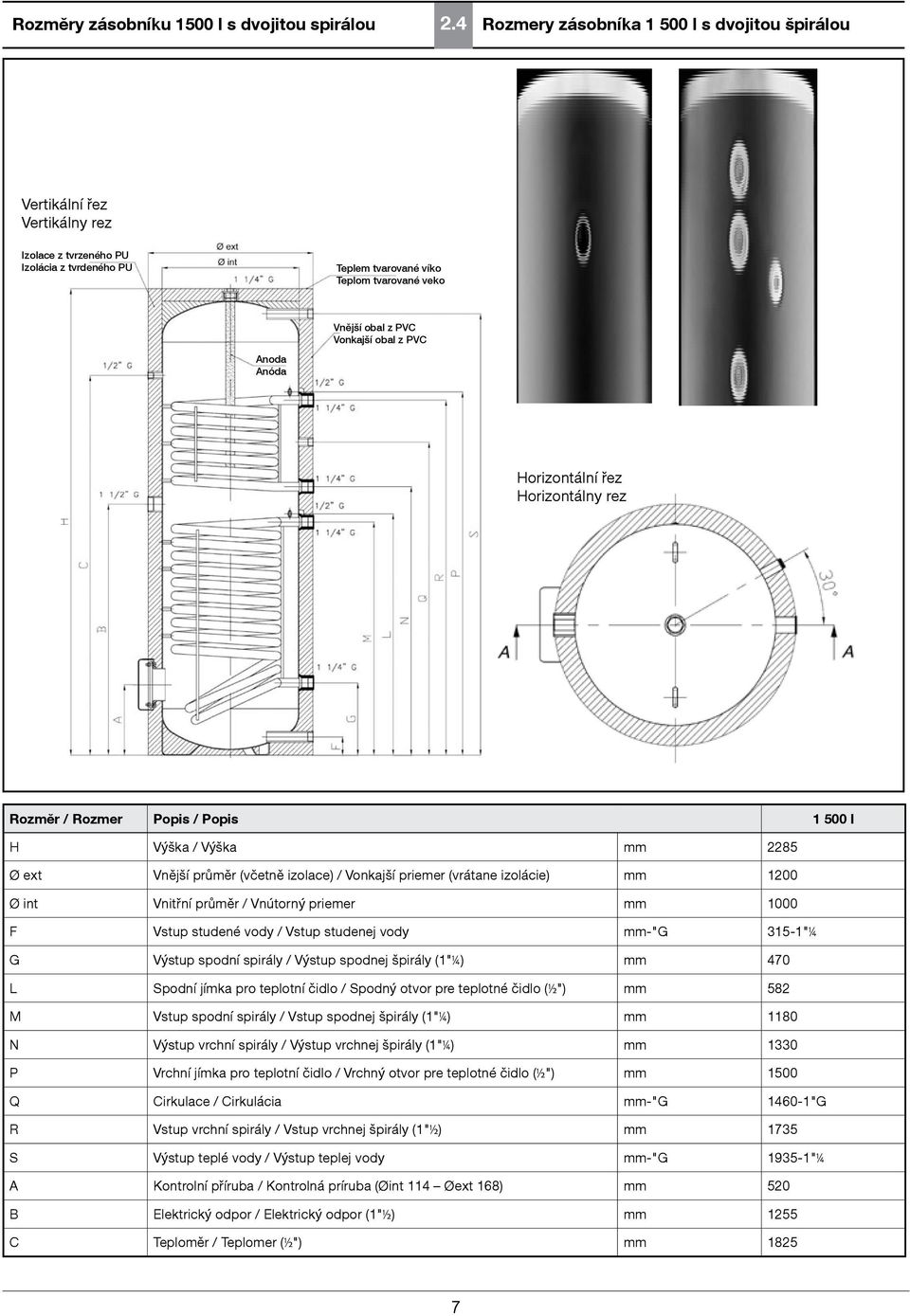 obal z PVC Anoda Anóda Horizontální řez Horizontálny rez Rozměr / Rozmer Popis / Popis 1 500 l H Výška / Výška mm 2285 Ø ext Vnější průměr (včetně izolace) / Vonkajší priemer (vrátane izolácie) mm