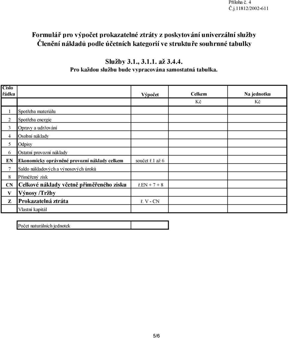 4.4. Pro každou službu bude vypracována samostatná tabulka.