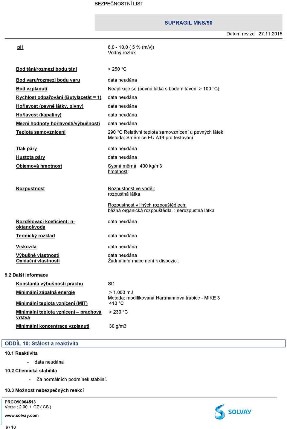 testování Tlak páry Hustota páry Objemová hmotnost Sypná měrná hmotnost: 400 kg/m3 Rozpustnost Rozpustnost ve vodě : rozpustná látka Rozpustnost v jiných rozpouštědlech: běžná organická rozpouštědla.