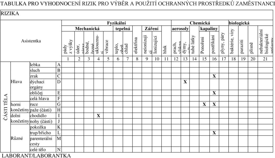 ZAMĚSTNANCI RIZIKA Mechanická Fyzikální Chemická biologická tepelná Záření aerosoly kapaliny Asistentka 1 2 3 4 5 6 7 8 9 10 11 12 13 14 15 16 17 18 19 20 21 lebka A sluch B zrak C Hlava