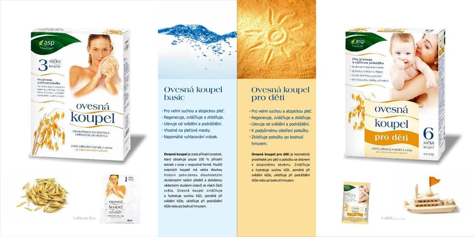 3 x 50 g 6 x 25 g Ovesná koupel je zcela přírodní produkt, Ovesná koupel pro děti je kosmetický který obsahuje pouze 100 % přírodní prostředek pro péči o pokožku se sklonem extrakt z ovsa v rozpustné