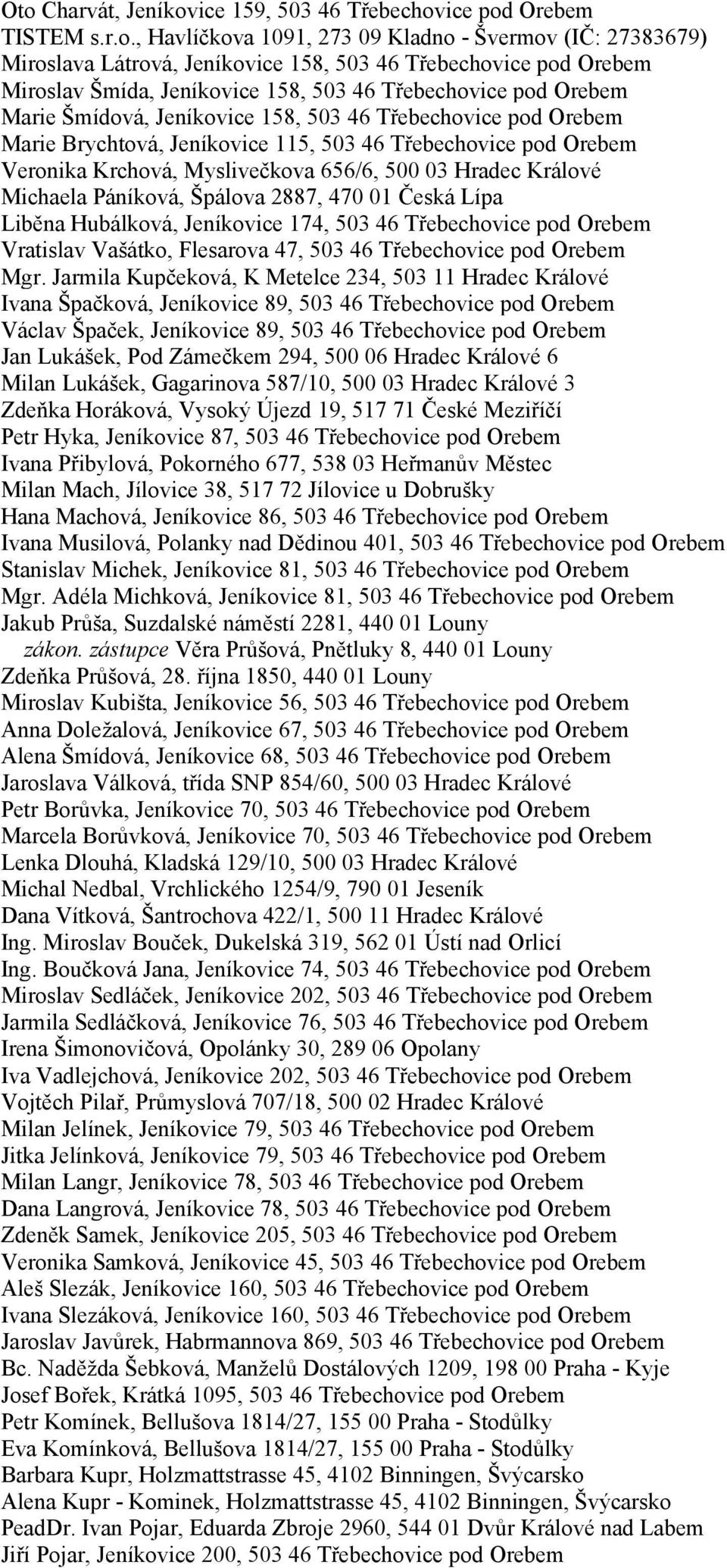 Krchová, Myslivečkova 656/6, 500 03 Hradec Králové Michaela Páníková, Špálova 2887, 470 01 Česká Lípa Liběna Hubálková, Jeníkovice 174, 503 46 Třebechovice pod Orebem Vratislav Vašátko, Flesarova 47,