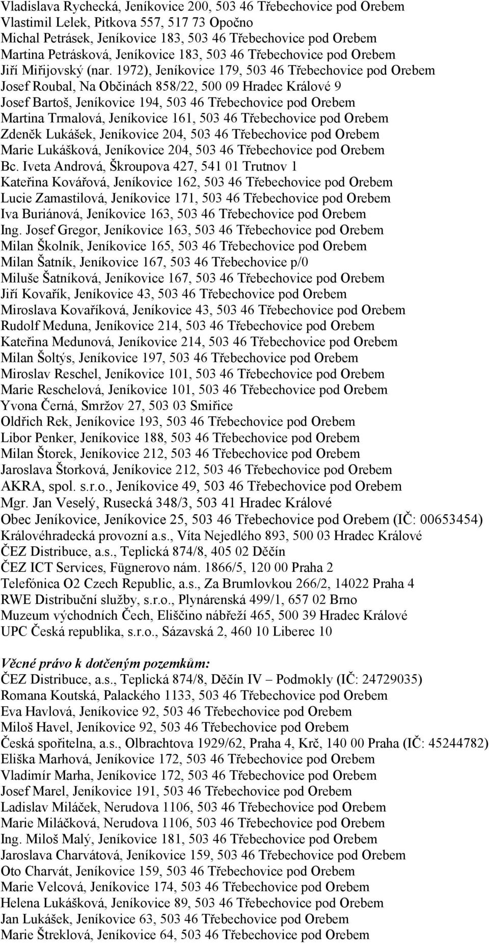 1972), Jeníkovice 179, 503 46 Třebechovice pod Orebem Josef Roubal, Na Občinách 858/22, 500 09 Hradec Králové 9 Josef Bartoš, Jeníkovice 194, 503 46 Třebechovice pod Orebem Martina Trmalová,