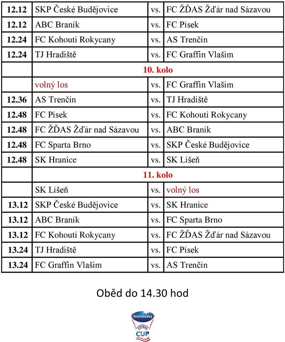 ABC Braník 12.48 FC Sparta Brno vs. SKP České Budějovice 12.48 SK Hranice vs. SK Líšeň 11. kolo SK Líšeň vs. 13.12 SKP České Budějovice vs. SK Hranice 13.