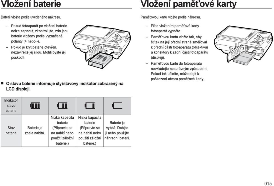 Vložení paměťové karty Paměťovou kartu vložte podle nákresu. Před vložením paměťové karty fotoaparát vypněte.