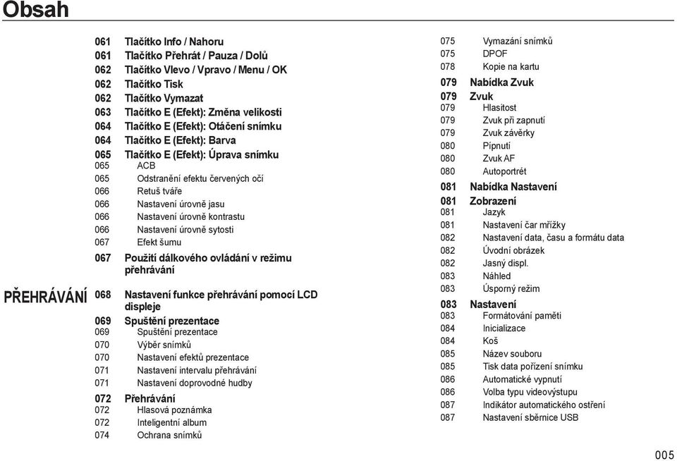 Nastavení úrovně kontrastu 066 Nastavení úrovně sytosti 067 Efekt šumu 067 Použití dálkového ovládání v režimu přehrávání 068 Nastavení funkce přehrávání pomocí LCD displeje 069 Spuštění prezentace