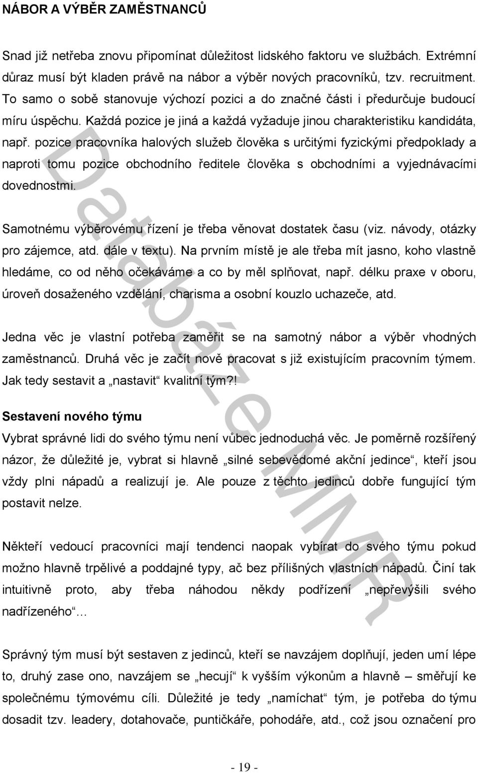 pozice pracovníka halových služeb člověka s určitými fyzickými předpoklady a naproti tomu pozice obchodního ředitele člověka s obchodními a vyjednávacími dovednostmi.