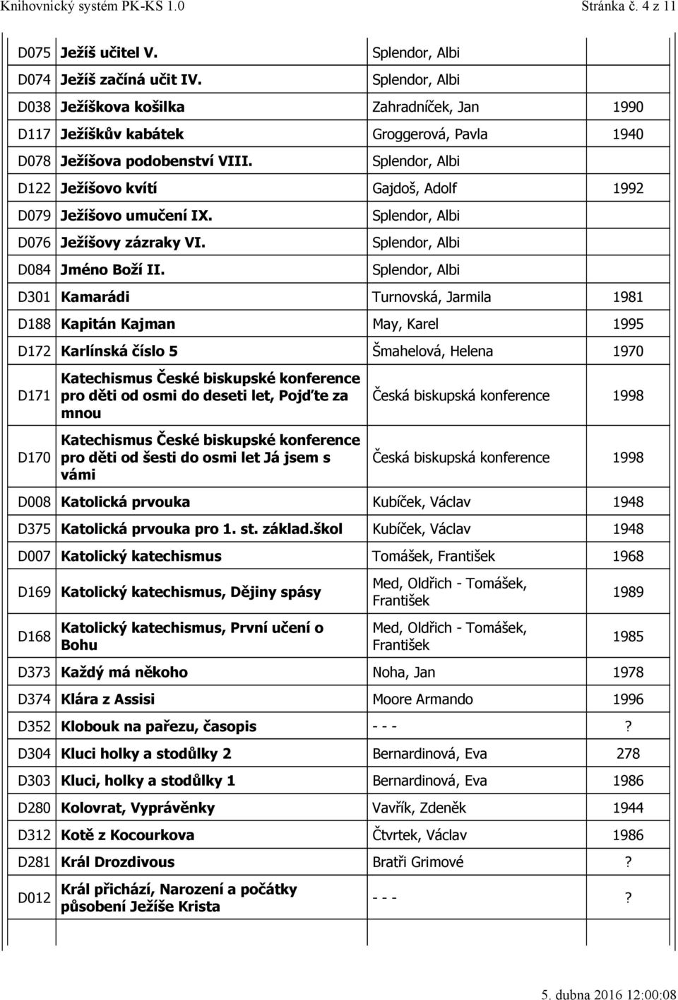 D301 Kamarádi Turnovská, Jarmila 1981 D188 Kapitán Kajman May, Karel 1995 D172 Karlínská číslo 5 Šmahelová, Helena 1970 D171 D170 Katechismus České biskupské konference pro děti od osmi do deseti