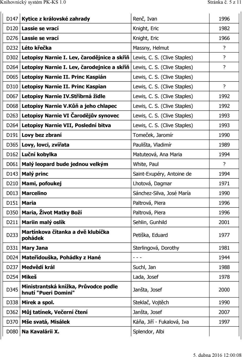 Princ Kaspian Lewis, C. S. (Clive Staples)? D067 Letopisy Narnie IV.Stříbrná židle Lewis, C. S. (Clive Staples) 1992 D068 Letopisy Narnie V.Kůň a jeho chlapec Lewis, C. S. (Clive Staples) 1992 D263 Letopisy Narnie VI Čarodějův synovec Lewis, C.