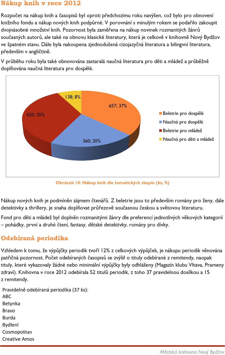 Pozornost byla zaměřena na nákup novinek rozmanitých žánrů současných autorů, ale také na obnovu klasické literatury, která je celkově v knihovně Nový Bydžov ve špatném stavu.