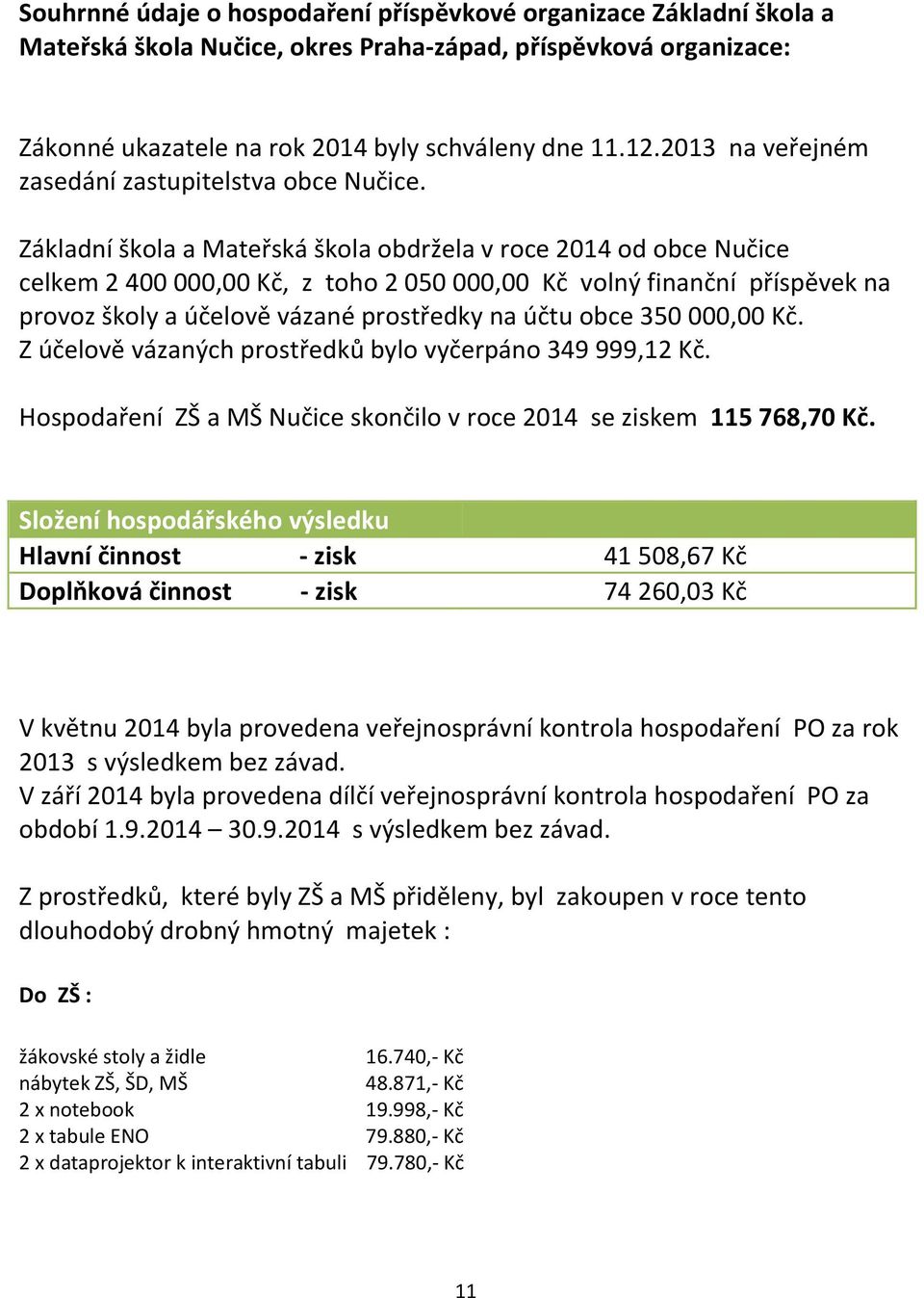 Základní škola a Mateřská škola obdržela v roce 2014 od obce Nučice celkem 2 400 000,00 Kč, z toho 2 050 000,00 Kč volný finanční příspěvek na provoz školy a účelově vázané prostředky na účtu obce