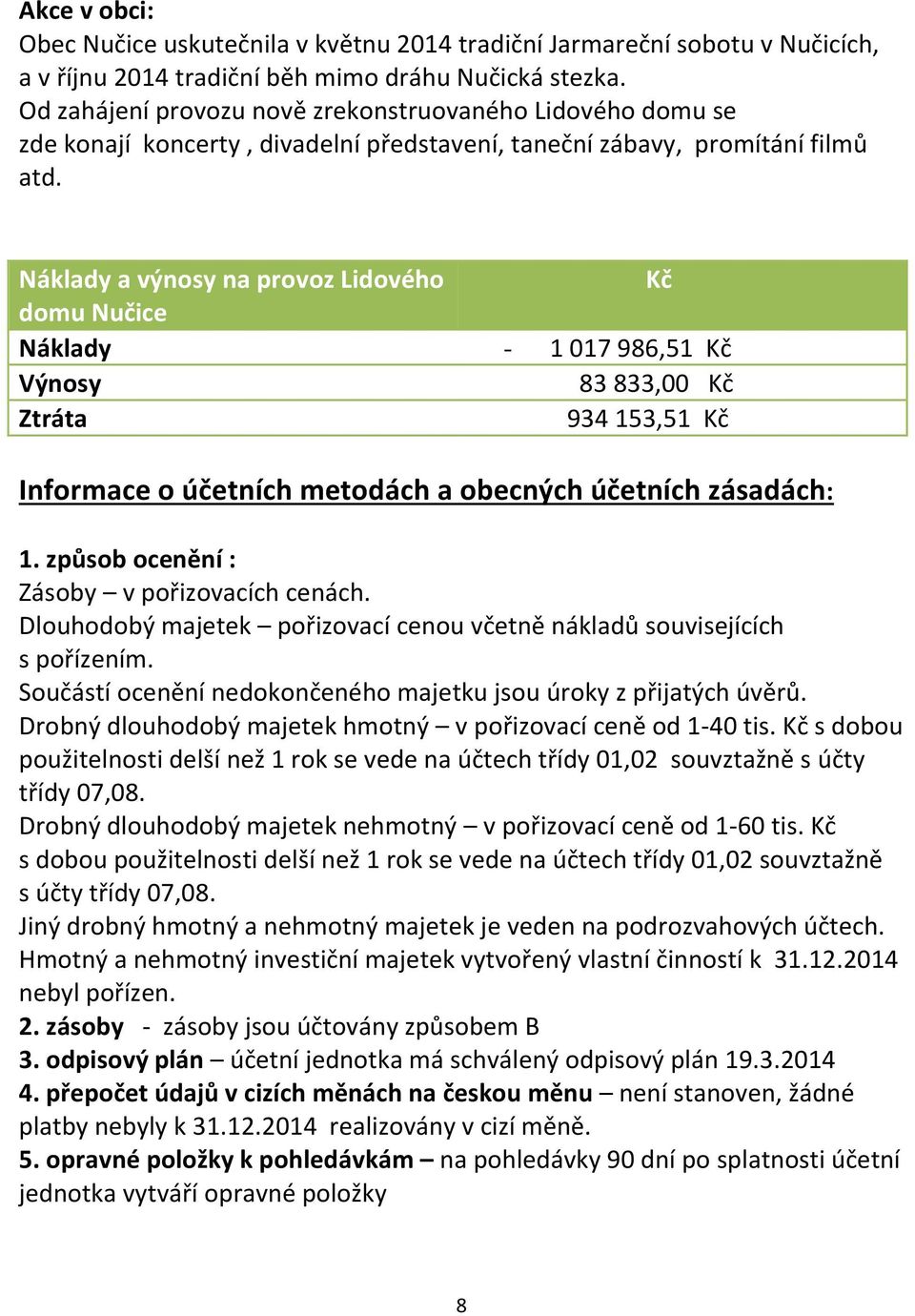 Náklady a výnosy na provoz Lidového Kč domu Nučice Náklady - 1 017 986,51 Kč Výnosy 83 833,00 Kč Ztráta 934 153,51 Kč Informace o účetních metodách a obecných účetních zásadách: 1.