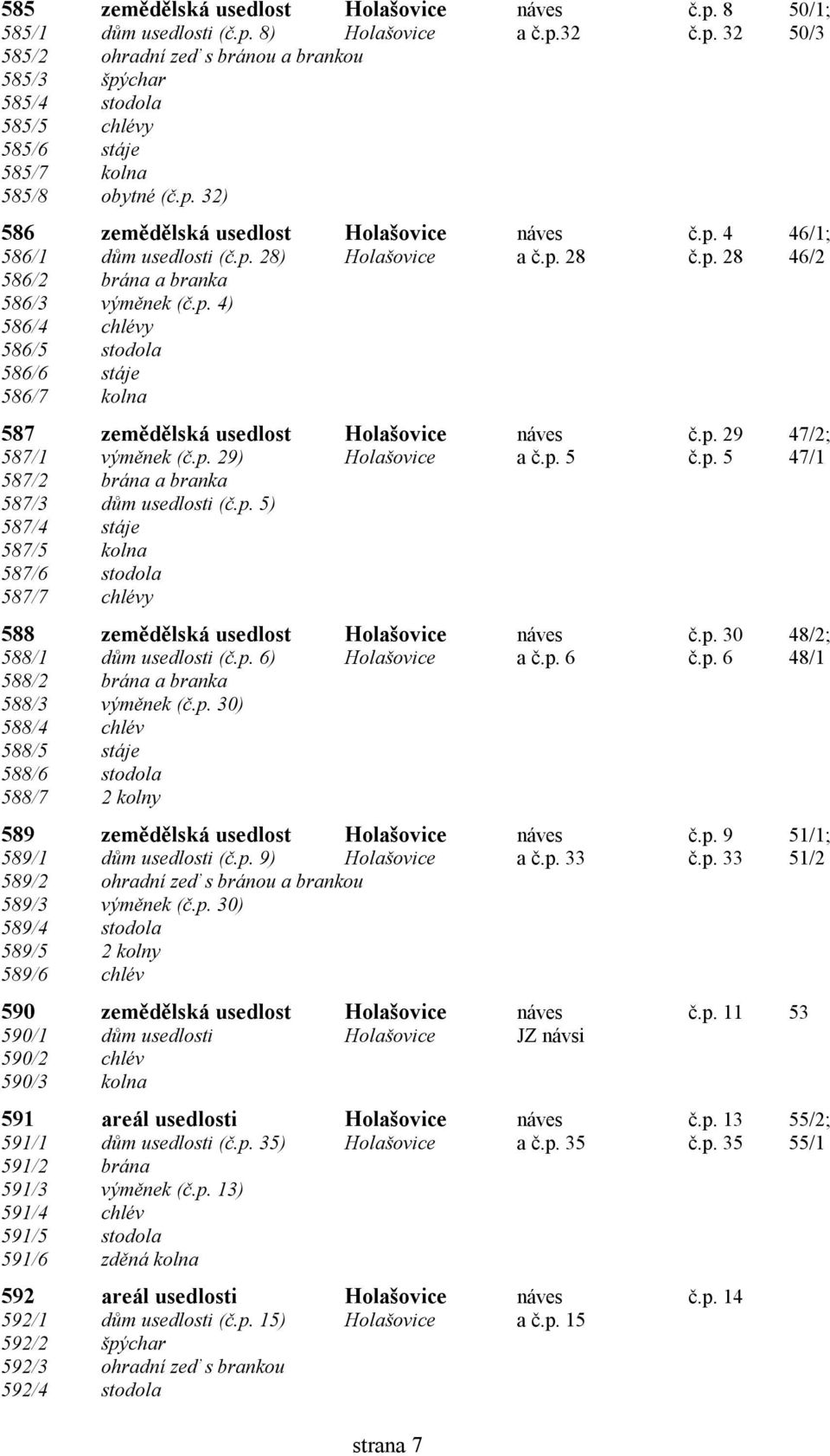 p. 29 47/2; 587/1 výměnek (č.p. 29) Holašovice a č.p. 5 č.p. 5 47/1 587/2 brána a branka 587/3 dům usedlosti (č.p. 5) 587/4 stáje 587/5 kolna 587/6 stodola 587/7 chlévy 588 zemědělská usedlost Holašovice náves č.