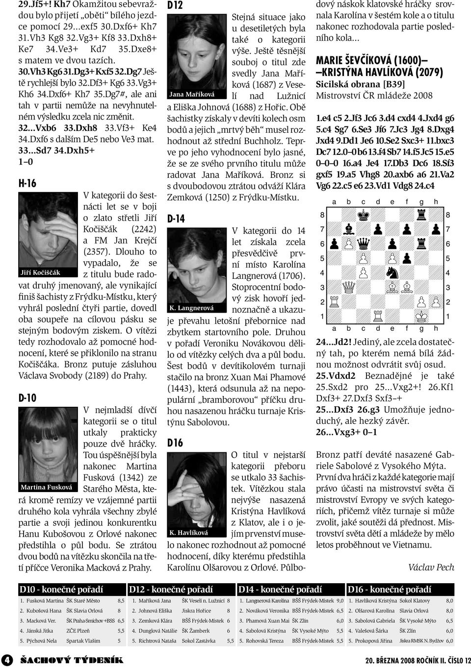 Dxf6 s dalším De5 nebo Ve3 mat. 33 Sd7 34.Dxh5+ 1 0 H-16 V kategorii do šestnácti let se v boji o zlato střetli Jiří Kočiščák (2242) a FM Jan Krejčí (2357).