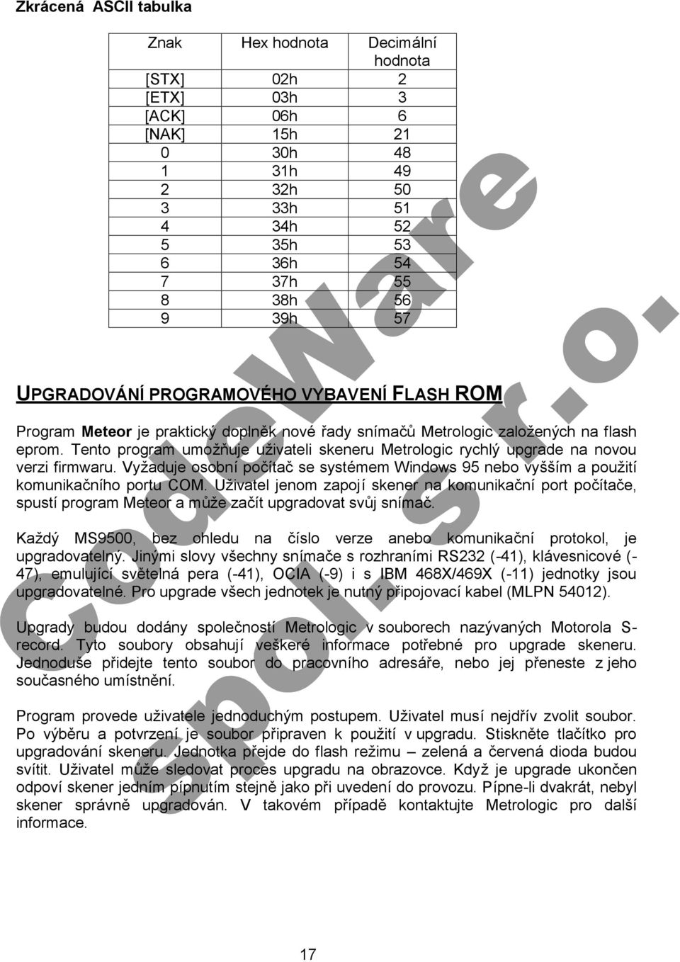 Tento program umoznuje uzivateli skeneru Metrologic rychly upgrade na novou verzi firmwaru. Vyzaduje osobnı poc ıtac se systemem Windows 95 nebo vyssım a pouzitı komunikac nıho portu COM.