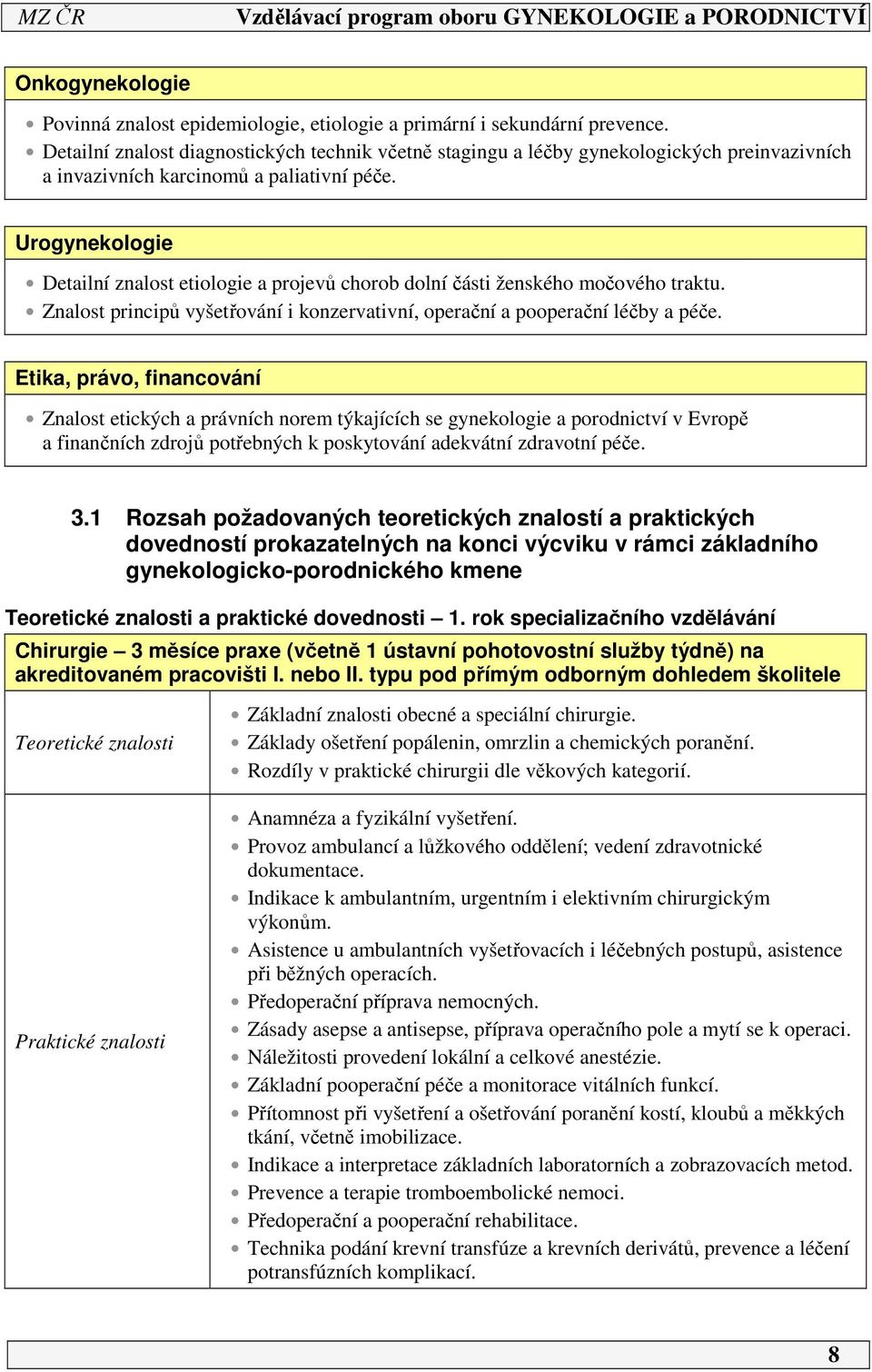 Urogynekologie Detailní znalost etiologie a projevů chorob dolní části ženského močového traktu. Znalost principů vyšetřování i konzervativní, operační a pooperační léčby a péče.