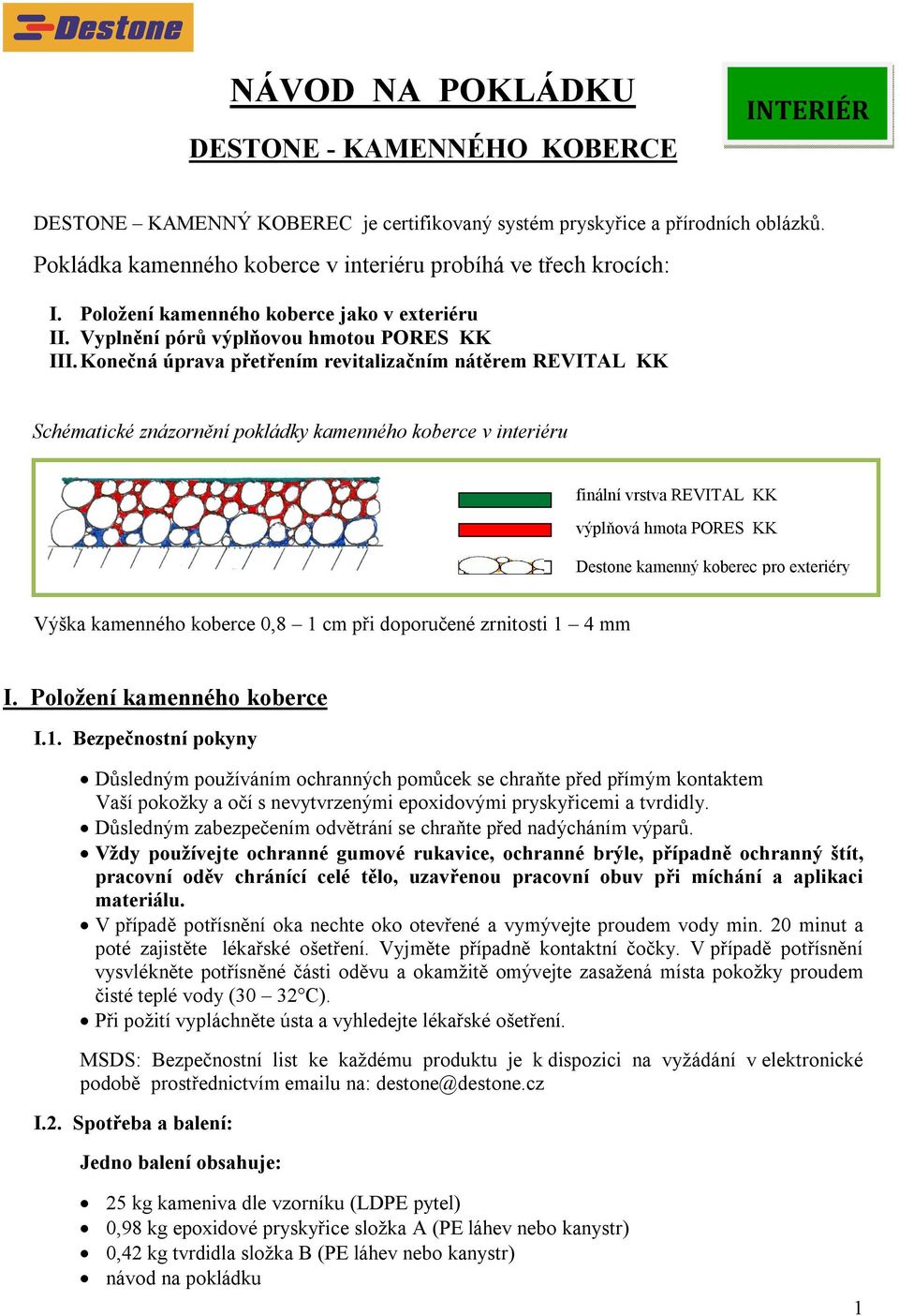 Konečná úprava přetřením revitalizačním nátěrem REVITAL KK Schématické znázornění pokládky kamenného koberce v interiéru finální vrstva REVITAL KK výplňová hmota PORES KK Destone kamenný koberec pro