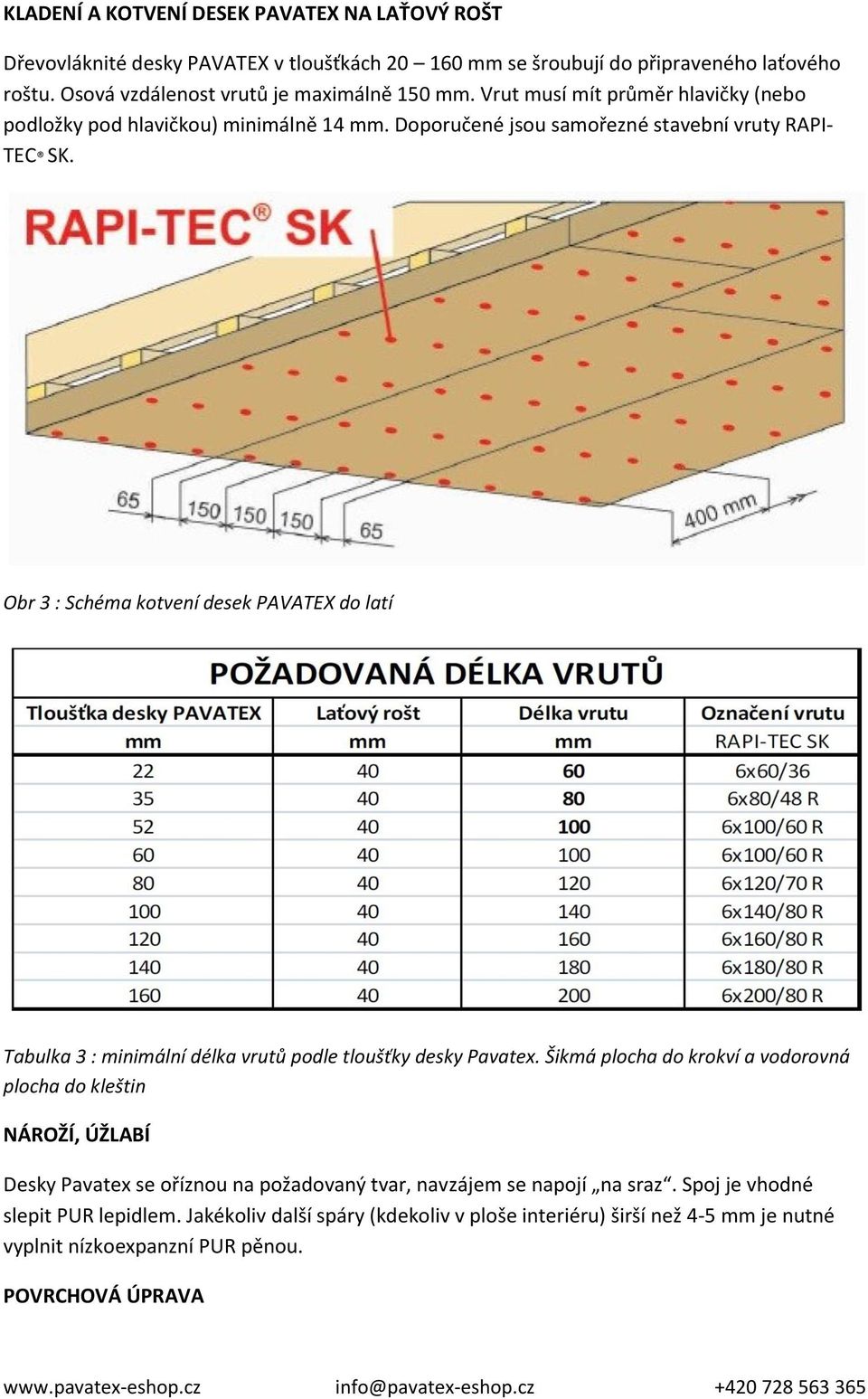 Obr 3 : Schéma kotvení desek PAVATEX do latí Tabulka 3 : minimální délka vrutů podle tloušťky desky Pavatex.