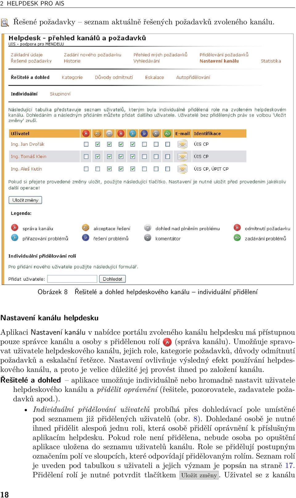 kanálu a osoby s přidělenou rolí (správa kanálu). Umožňuje spravovat uživatele helpdeskového kanálu, jejich role, kategorie požadavků, důvody odmítnutí požadavků a eskalační řetězce.