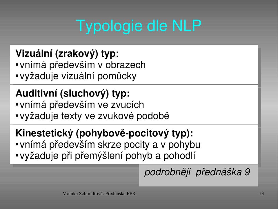 podobě Kinestetický (pohybově pocitový typ): vnímá především skrze pocity a v pohybu