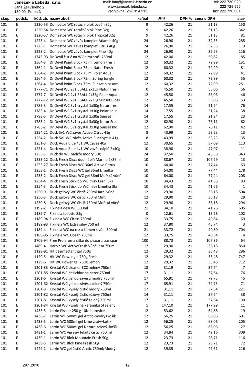 Pine 40g 24 26,90 21 32,55 116 101 E 1743-93 Dr.Devil čistič na WC s rozpraš. 750ml 12 42,00 21 50,82 85 101 E 1564-3 Dr.Devil Point Block 75 ml Lemon Fresh 12 60,32 21 72,99 131 101 E 1564-1 Dr.