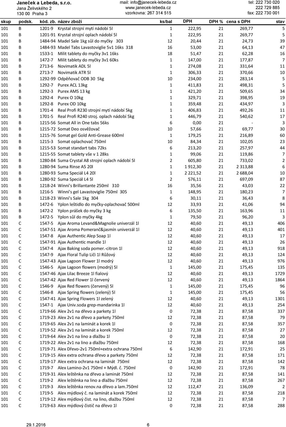 177,87 7 101 B 2713-6 Novimatik ADL 5l 1 274,08 21 331,64 11 101 B 2713-7 Novimatik ATR 5l 1 306,33 21 370,66 10 101 B 1292-99 Odpěňovač ODB 30 5kg 10 234,00 21 283,14 5 101 B 1292-7 Purex ACL 13kg 1