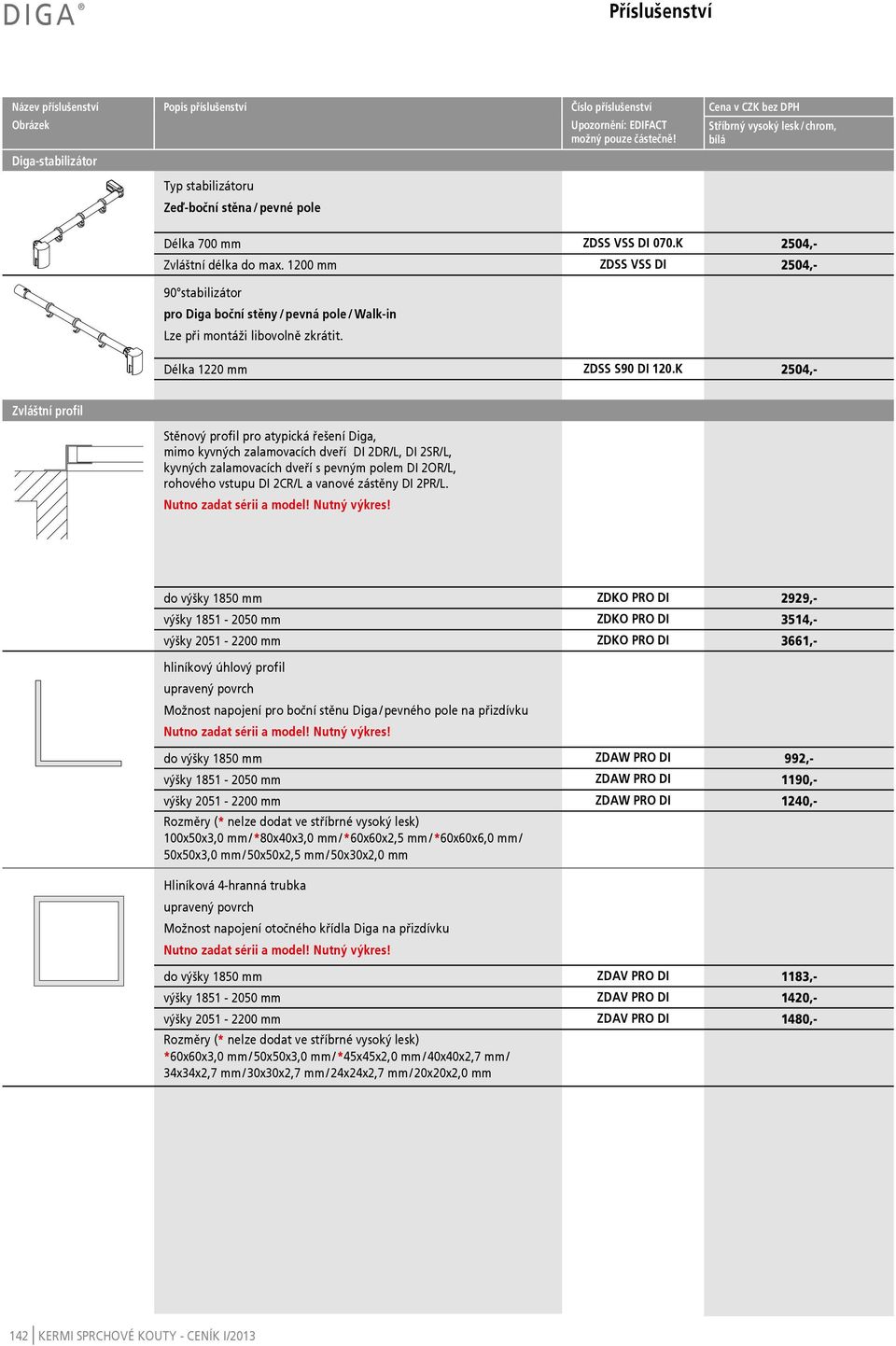 1200 mm ZDSS VSS DI 2504,- 90 stabilizátor pro Diga boční stěny / pevná pole / alk-in Lze při montáži libovolně zkrátit. Délka 1220 mm ZDSS S90 DI 120.