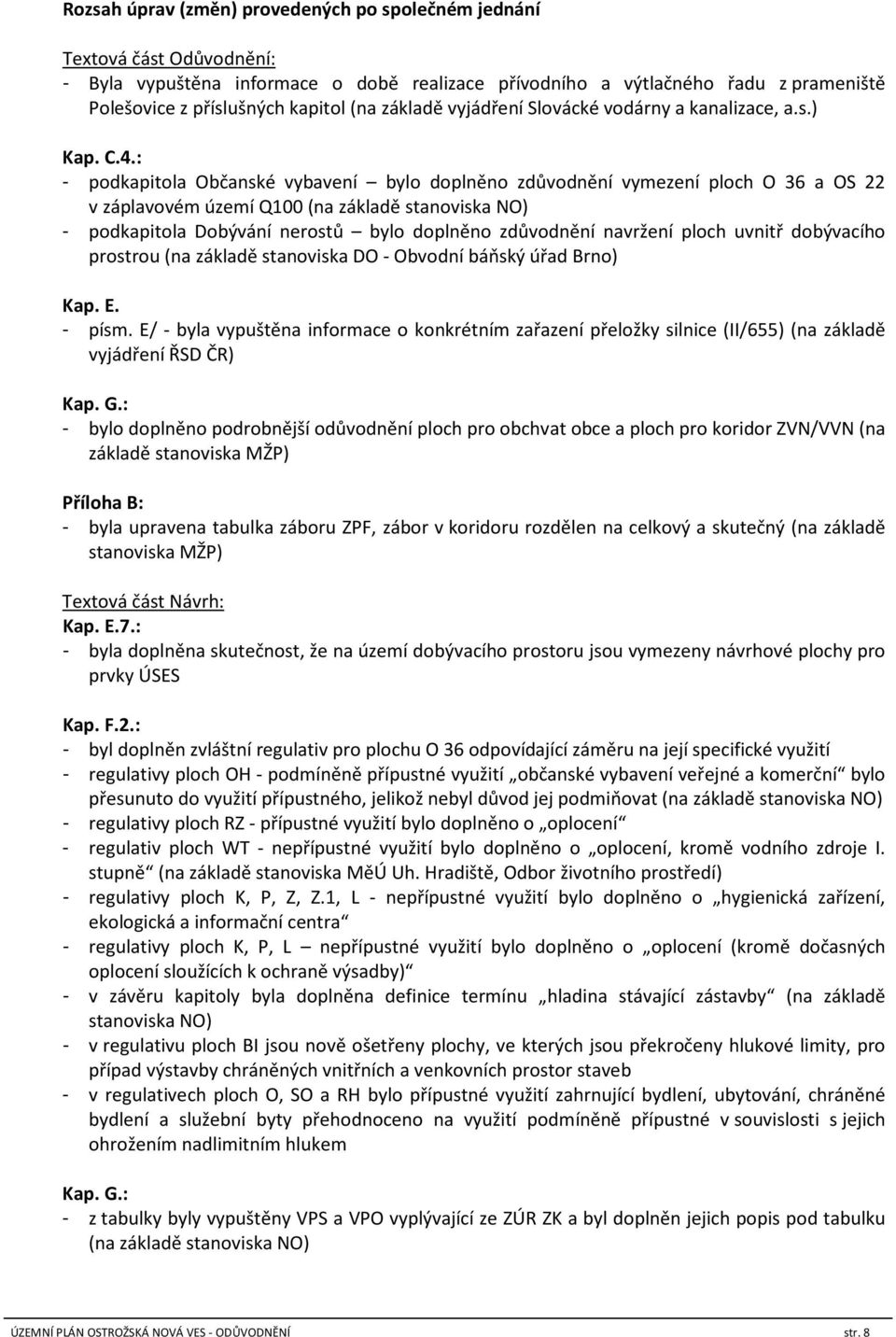 : - podkapitola Občanské vybavení bylo doplněno zdůvodnění vymezení ploch O 36 a OS 22 v záplavovém území Q100 (na základě stanoviska NO) - podkapitola Dobývání nerostů bylo doplněno zdůvodnění