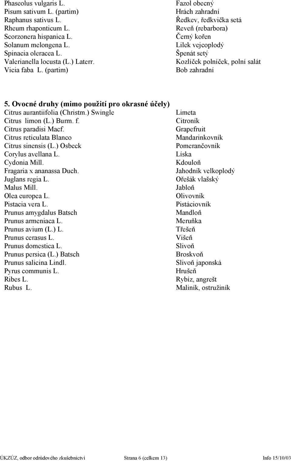 Ovocné druhy (mimo použití pro okrasné účely) Citrus aurantiifolia (Christm.) Swingle Citrus limon (L.) Burm. f. Citrus paradisi Macf. Citrus reticulata Blanco Citrus sinensis (L.