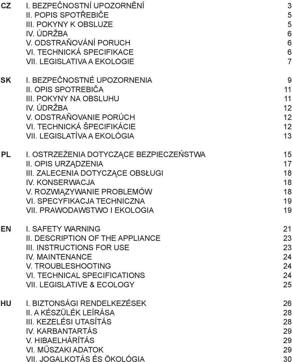 OSTRZEŻENIA DOTYCZĄCE BEZPIECZEŃSTWA 15 II. OPIS URZĄDZENIA 17 III. ZALECENIA DOTYCZĄCE OBSŁUGI 18 IV. KONSERWACJA 18 V. ROZWIĄZYWANIE PROBLEMÓW 18 VI. SPECYFIKACJA TECHNICZNA 19 VII.