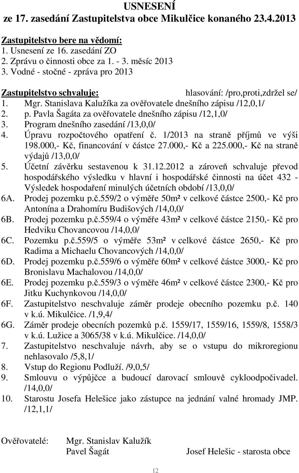 Program dnešního zasedání /13,0,0/ 4. Úpravu rozpočtového opatření č. 1/2013 na straně příjmů ve výši 198.000,- Kč, financování v částce 27.000,- Kč a 225.000,- Kč na straně výdajů /13,0,0/ 5.