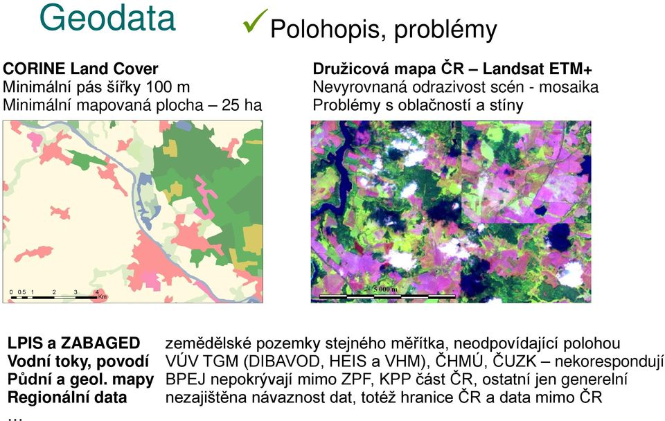 měřítka, neodpovídající polohou Vodní toky, povodí VÚV TGM (DIBAVOD, HEIS a VHM), ČHMÚ, ČUZK nekorespondují Půdní a geol.