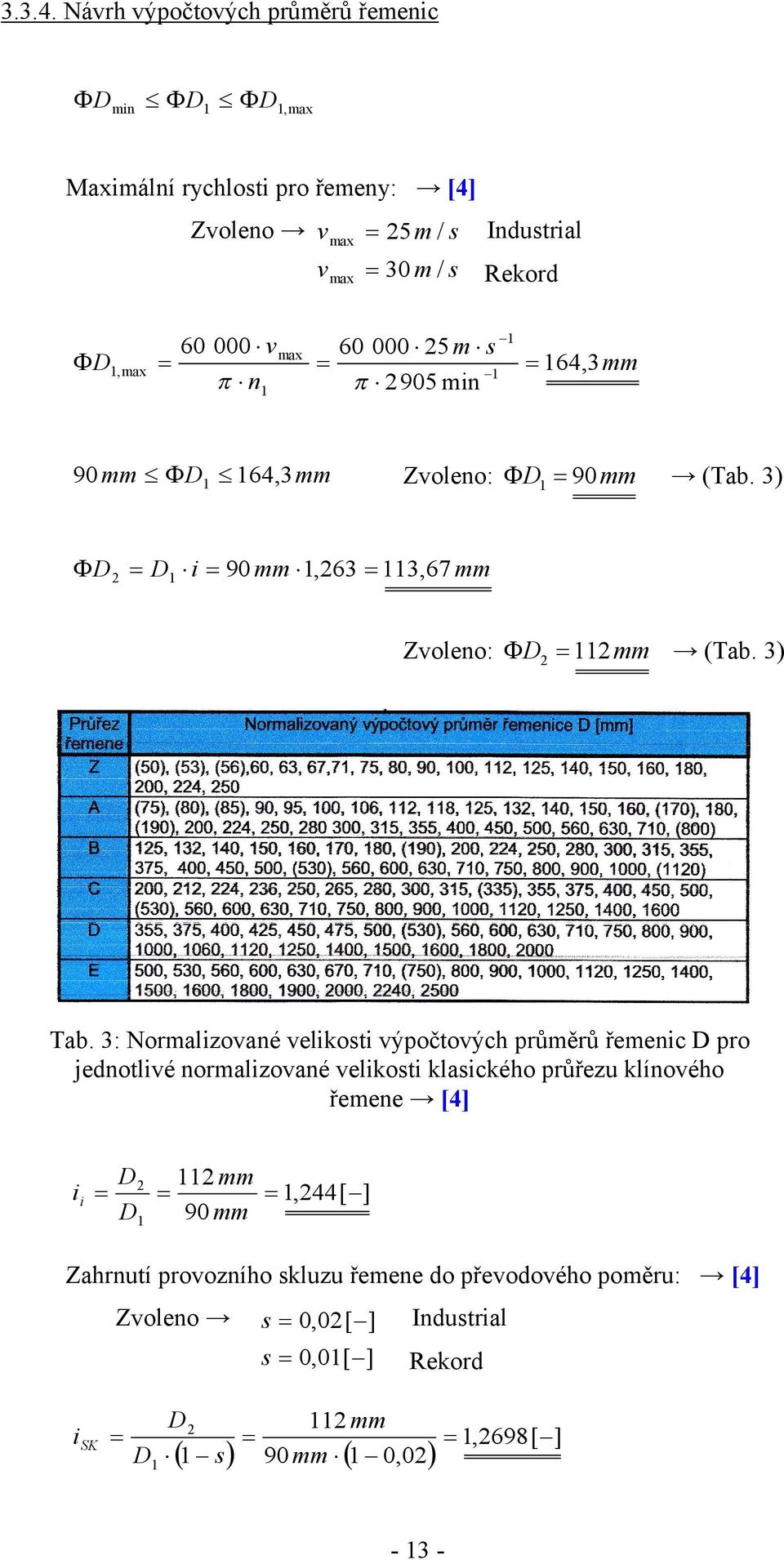 : Normalizované veliosti výpočtových průměrů řemenic D pro jednotlivé normalizované veliosti lasicého průřezu línového řemene [4] i i D D mm