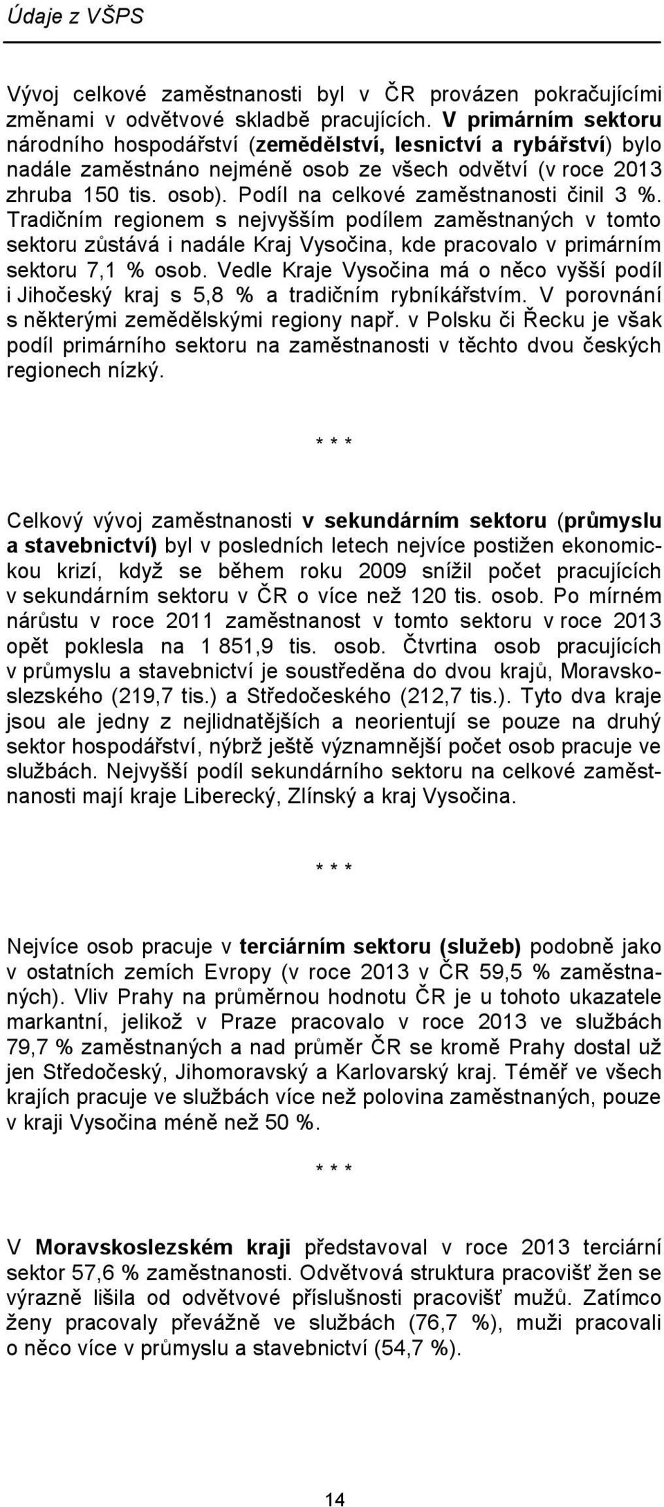 Podíl na celkové zaměstnanosti činil 3 %. Tradičním regionem s nejvyšším podílem zaměstnaných v tomto sektoru zůstává i nadále Kraj Vysočina, kde pracovalo v primárním sektoru 7,1 % osob.