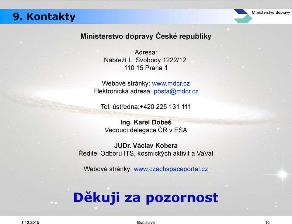 cz Tel. ústředna:+420 225 131 111 Ing. Karel Dobeš Vedoucí delegace ČR v ESA JUDr.