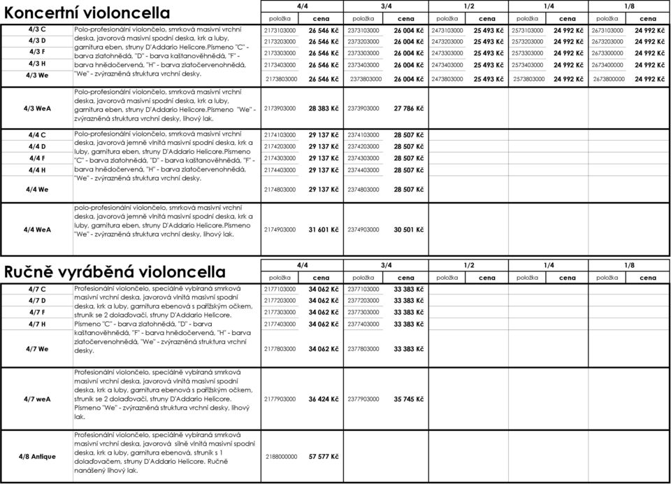 Písmeno "C"- 4/3 F 2173303000 26546 Kč 2373303000 26004 Kč 2473303000 25493 Kč 2573303000 24992 Kč 2673300000 barva zlatohnědá, "D"- barva kaštanověhnědá, "F"- 24992 Kč 4/3 H barva hnědočervená, "H"-