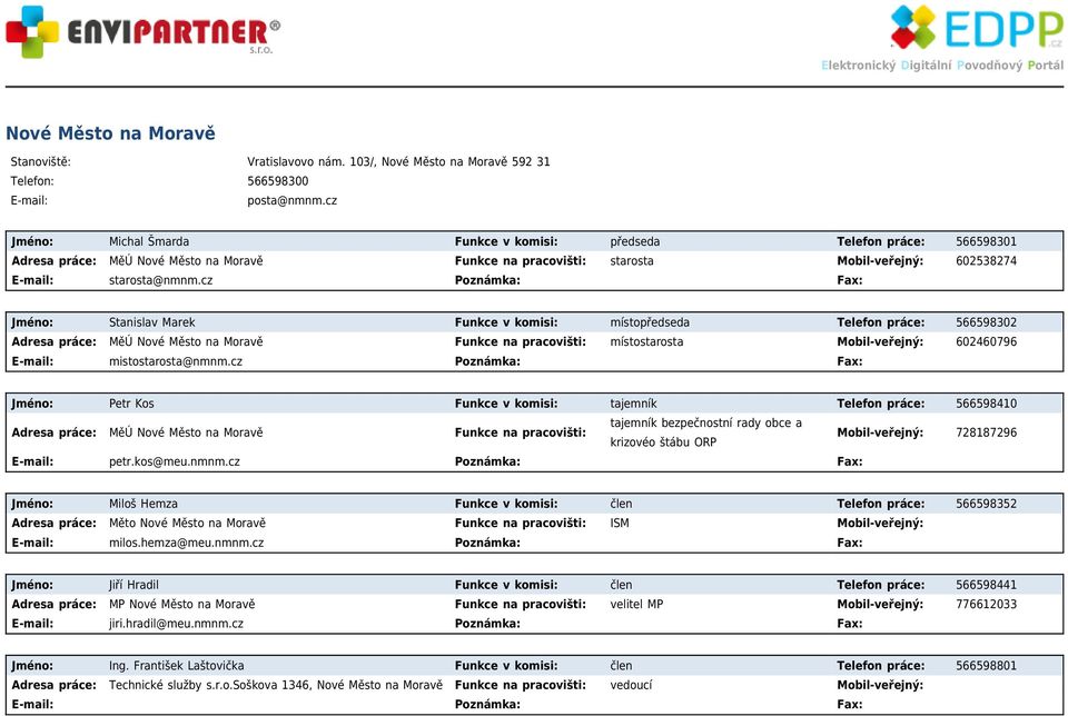 cz Poznámka: Fax: Jméno: Stanislav Marek Funkce v komisi: místopředseda Telefon práce: 566598302 MěÚ Nové Město na Moravě Funkce na pracovišti: místostarosta 602460796 E-mail: mistostarosta@nmnm.
