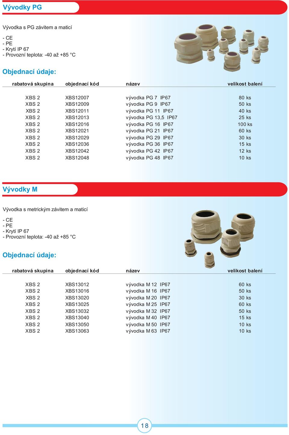 XBS104 vývodka PG 4 IP67 1 ks XBS XBS1048 vývodka PG 48 IP67 10 ks Vývodky M Vývodka s metrickým závitem a maticí - CE - PE - Krytí IP 67 - Provozní teplota: -40 až +85 C XBS XBS1301 vývodka M 1 IP67
