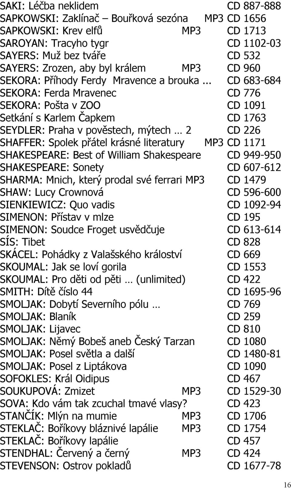 .. CD 683-684 SEKORA: Ferda Mravenec CD 776 SEKORA: Pošta v ZOO CD 1091 Setkání s Karlem Čapkem CD 1763 SEYDLER: Praha v pověstech, mýtech 2 CD 226 SHAFFER: Spolek přátel krásné literatury MP3 CD