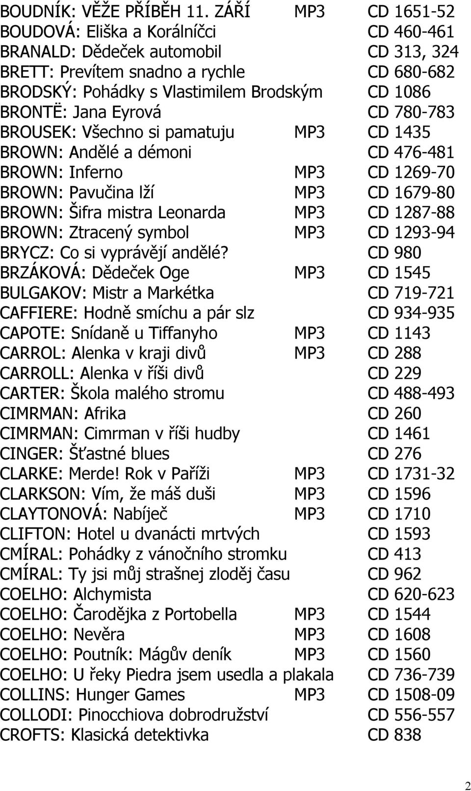 Jana Eyrová CD 780-783 BROUSEK: Všechno si pamatuju MP3 CD 1435 BROWN: Andělé a démoni CD 476-481 BROWN: Inferno MP3 CD 1269-70 BROWN: Pavučina lží MP3 CD 1679-80 BROWN: Šifra mistra Leonarda MP3 CD