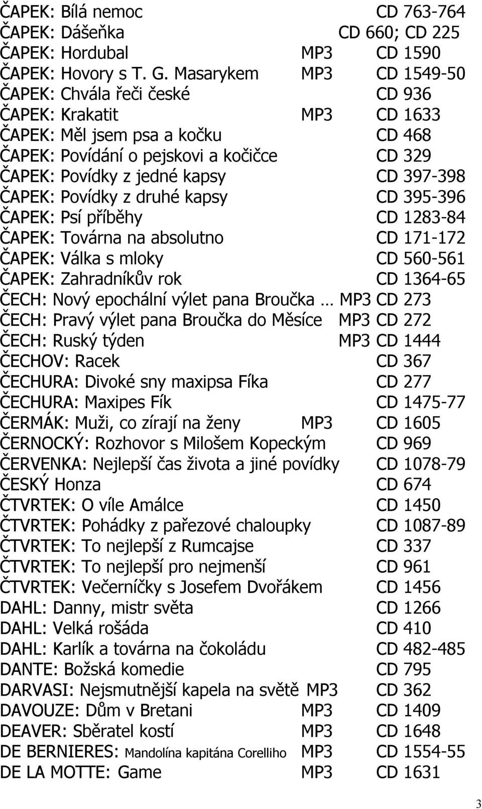 397-398 ČAPEK: Povídky z druhé kapsy CD 395-396 ČAPEK: Psí příběhy CD 1283-84 ČAPEK: Továrna na absolutno CD 171-172 ČAPEK: Válka s mloky CD 560-561 ČAPEK: Zahradníkův rok CD 1364-65 ČECH: Nový