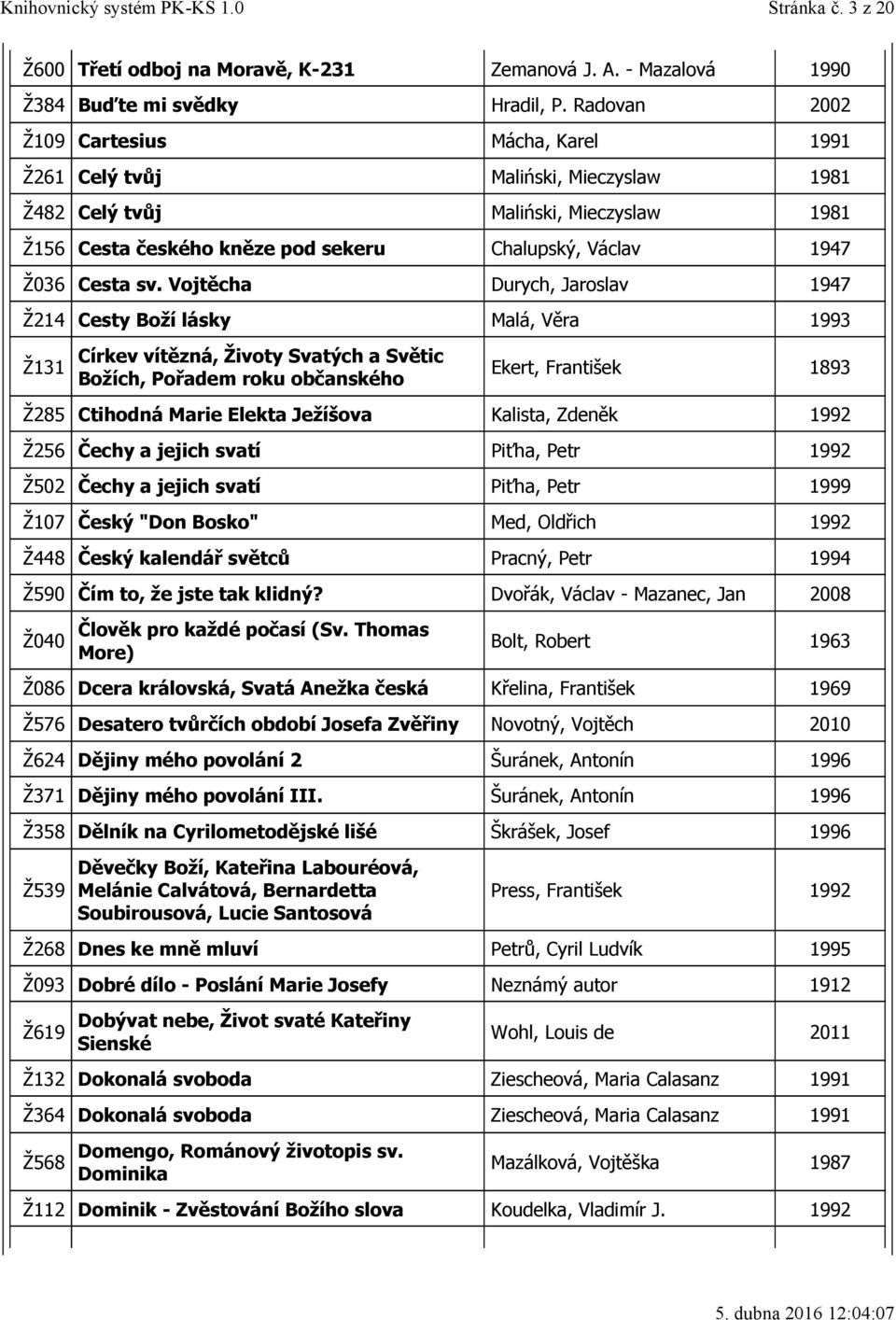 sv. Vojtěcha Durych, Jaroslav 1947 Ž214 Cesty Boží lásky Malá, Věra 1993 Ž131 Církev vítězná, Životy Svatých a Světic Božích, Pořadem roku občanského Ekert, František 1893 Ž285 Ctihodná Marie Elekta