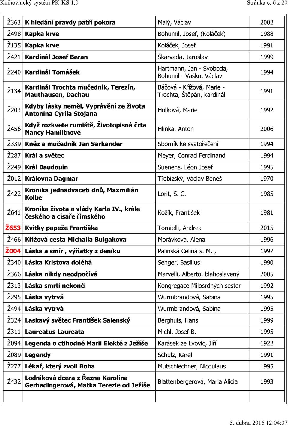 Kardinál Tomášek Ž134 Ž203 Ž456 Kardinál Trochta mučedník, Terezín, Mauthausen, Dachau Kdyby lásky neměl, Vyprávění ze života Antonína Cyrila Stojana Když rozkvete rumiště, Životopisná črta Nancy