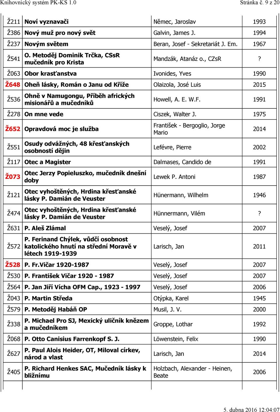 Ž063 Obor krasťanstva Ivonides, Yves 1990 Ž648 Oheň lásky, Román o Janu od Kříže Olaizola, José Luis 2015 Ž536 Ohně v Namugongu, Příběh afrických misionářů a mučedníků Howell, A. E. W.F.